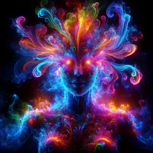 Prompt: Detailed and realistic female body made of neon colored glowing smoke, lively, colorful, mystical, questionable in interpretation, open detailed eyes, high quality, detailed, neon, glowing, smoke, realistic, colorful, mystical, enigmatic, ethereal, vibrant, otherworldly, atmospheric lighting