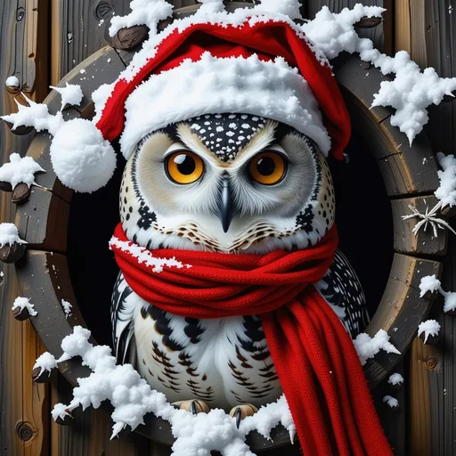 Prompt: 3D full body owl in a decorative 3D hole, wearing a festive Santa hat and a bright red scarf around its neck, vibrant color palette, whimsical textures, cheerful expression, inspired by the style of Ernest William Christmas, captivating background with detailed snow, clear and bright winter atmosphere, digital art masterpiece, stunning HD wallpaper, high-quality computer graphics, realistic rendering details, inviting and festive ambiance