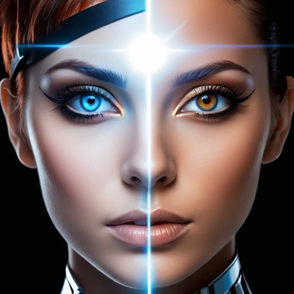 Prompt: a female vector head is split in the middle, on the left half is a blue-eyed punk woman, on the right half is a futuristic brown-eyed woman, there is a large gap on the forehead, there is a smaller gap on the neck, a bright light comes from the wide gap, detailed, professional, futuristic lighting. 4k, artistic, impressive, beautiful, high contrast, expressive representation, enigmatic atmosphere, high resolution, detailed, mysterious, abstract, surreal, enigmatic, intricate details, ethereal, emotional, minimalist, deep shadows,