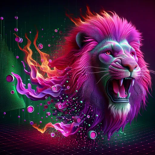 Prompt: 3D body of a roaring lion head with magenta mane emerging from a green and magenta dotted matrix, surrounded by a fire, bright colors, high quality rendering, surreal, digital art, intense lighting, fiery hues, detailed features, futuristic, abstract, surreal, 3D rendering, variable hues, high energy, dynamic composition