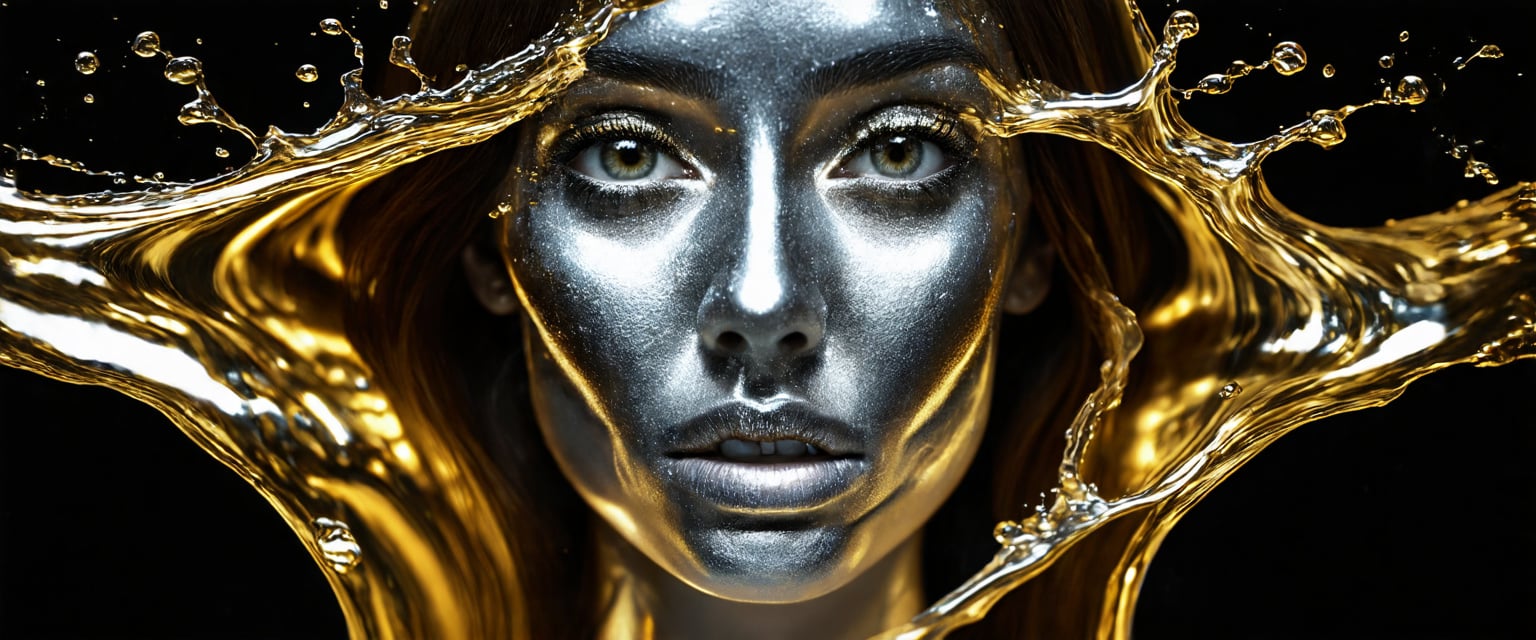 Prompt: gold-silver liquid as a woman's face, 4k, open eyes, artistic, impressive, beautiful, high contrast, striking shadows, 3D rendering, silver-golden liquid gradient splashing colors, detailed lines, golden shine, high quality, breathtaking optics, intense look, surreal atmosphere, metallic tones, dynamic poses