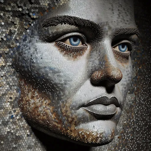 Prompt: woman's face made of very small octagonal mosaic stones, the mosaic stones have different metall colors, she looks to the front, the eyes look realistically blue and detailed, towards the back the mosaic stones dissolve and leave a cloud of dust that forms the background