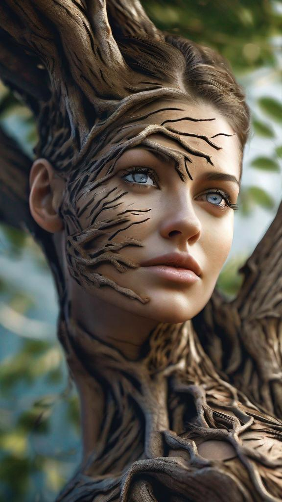 Prompt: Realistic, detailed, beautiful, woman's portrait, the woman's body has grown into a tree, her body can be seen, a fusion of the woman and the tree, detailed glowing eyes, intricately structured, her skin is tree bark,, hyper-detailed, ultra-sharp 3D Rendering, the whole tree can be seen, focus face,