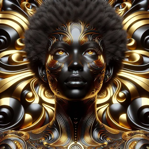 Prompt: gold black-colored psychedelic pattern with a black woman face and shoulder, 4k, open eyes, artistic, impressive, beautiful, high contrast, striking shadows, punk art, 3D rendering, vibrant colors, detailed patterns, gold sheen, high-quality, stunning visual, intense gaze, surreal atmosphere, metallic tones, futuristic punk, dynamic poses