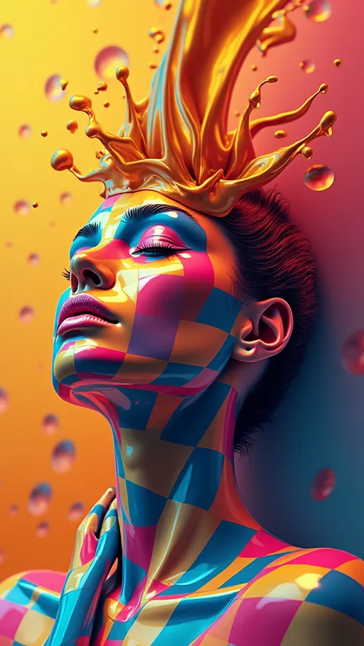 Prompt: (vector) liquid pouring over striped female head, (checkerboard pattern), (vibrant colors), dynamic movement, exaggerated flow, abstract art style, striking contrast between patterns, foreground focusing on the head and body, intricate details in the stripes, smooth texture of the liquid, visually captivating, playful ambiance, (highly detailed) design, (3D illustration), colorful background enhancing visual impact.