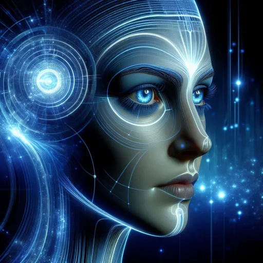 Prompt: Woman's head with her dreams, realistic, neo-figurative, radiating blue light, detailed facial features, futuristic background, high quality, realistic, neo-figurative, shades of blue, visionary lighting, detailed eyes, futuristic concept