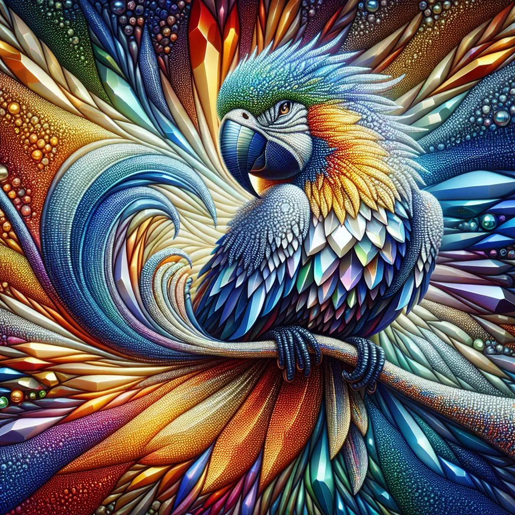 Prompt: Glamorous bird with crystal body and face,  multicolored background, hyper detailed, high quality, beautiful composition, stunning beauty, crystal-like skin, mesmerizing gaze, colorful background, realistic details, highres, intense eyes, elegant pose