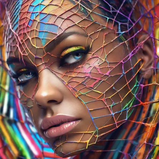 Prompt: Realistic, Detailed, Beautiful colorful women head Portrait, different colorful stripes in the Skin, detailed lightening eyes, Intricately Structured, spider webs, Surreality, Hyper Detailed, Ultra Sharp 3D Rendering, Focus Face, Top Shot