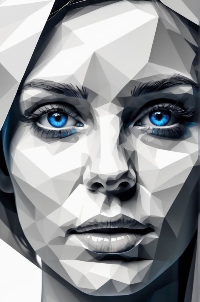 Prompt: Silhouette of a polygonal monochrome woman's face, only the blue eyes are shown realistically and in detail.4k, transparent white crystal, artistic, impressive, beautiful, polygonal design, high contrast, detailed lines, distinctive shadows, modern art, minimalist style