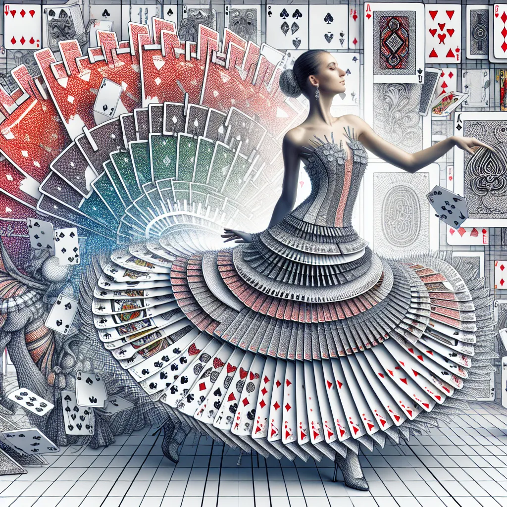 Prompt: a young european woman in a dress made out of playing cards dancing,  in the background are playing cards, detailed cards, modern art, highly detailed digital art, a detailed drawing