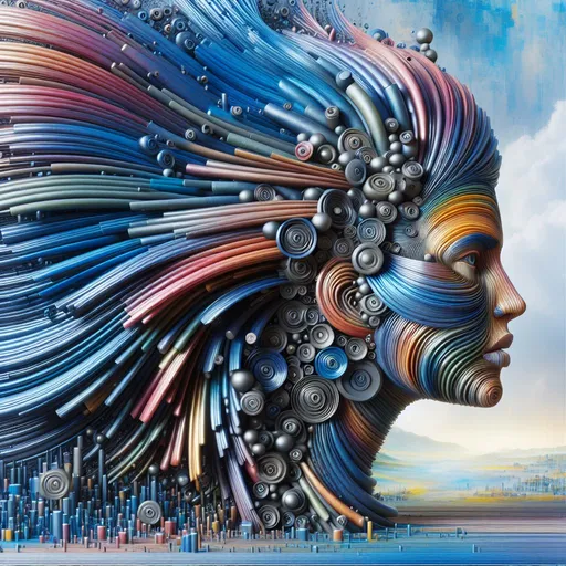 Prompt: Create a woman's head, the head consists of metallic disks in different colors placed one on top of the other, only the sides of the disks can be seen. The mouth, eyes and the beautiful disheveled blue hair are displayed photorealistically, the background looks a little utopian