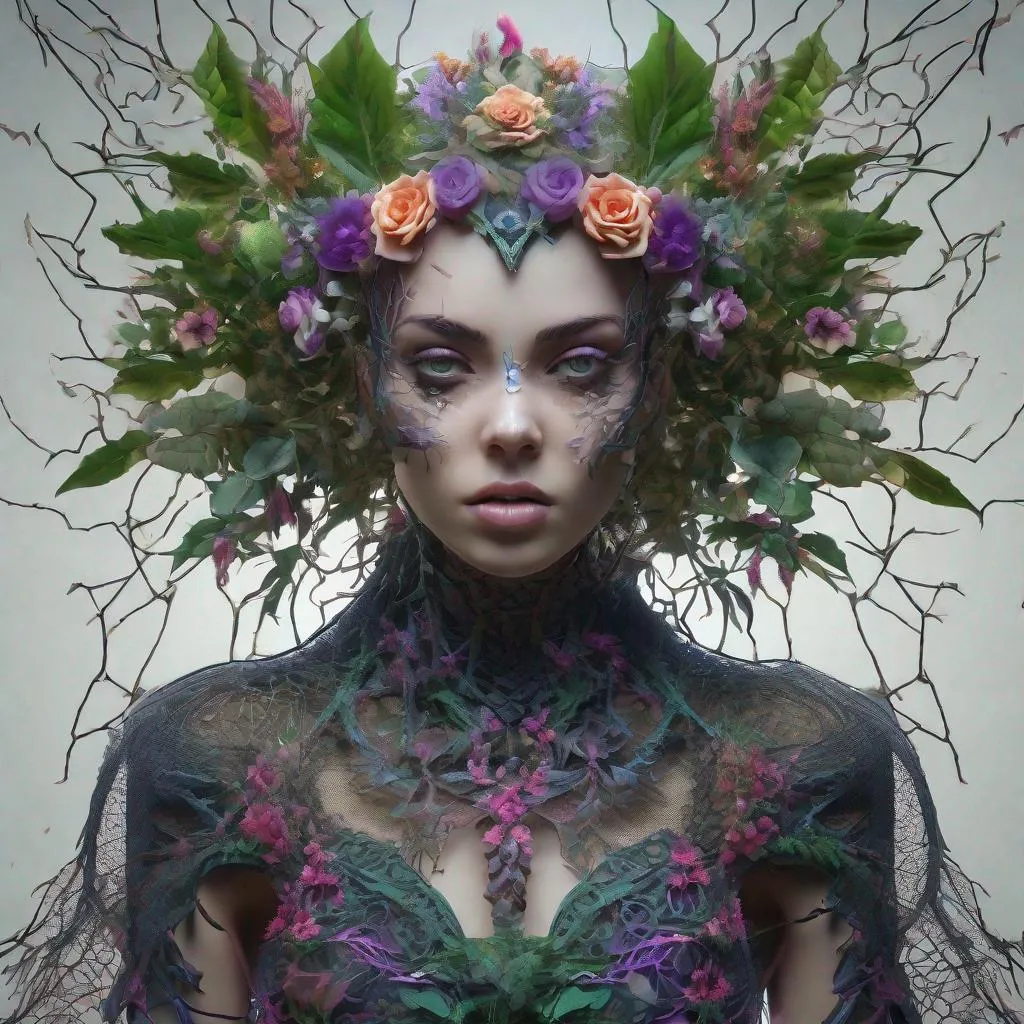 Prompt: Realistic, Detailed, Beautiful colorful full body Portrait, Gothic, Mesh, Intricately Structured, detailed lightening eyes, Unknown Plants, Biodiversity, Surreality, Hyper Detailed, Ultra Sharp 3D Rendering