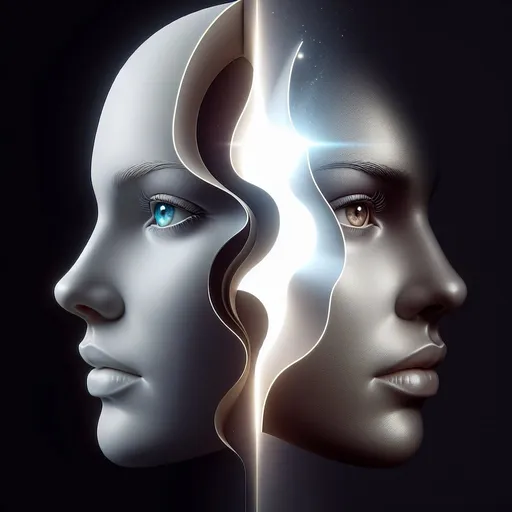 Prompt: a female vector head is split in the middle, on the left half is a light-skinned blue-eyed woman, on the right half is a dark-skinned brown-eyed woman, the two halves of the vector head fall apart, there is a large gap on the forehead, there is a smaller gap on the neck, a bright light comes from the wide gap, detailed, professional, futuristic lighting. 4k, artistic, impressive, beautiful, high contrast, expressive representation, enigmatic atmosphere, high resolution, detailed, mysterious, abstract, surreal, enigmatic, intricate details, ethereal, emotional, minimalist, deep shadows, , illustration,