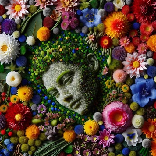 Prompt: lots of flowers, the flowers are arranged in such a way that they look like a lying woman looking directly into the camera, super detailed, 8k, high quality, sharp focus,, perfect lighting and shadows