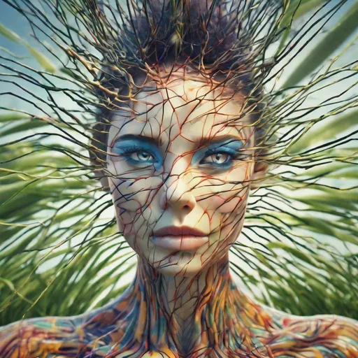 Prompt: Realistic, Detailed, Beautiful colorful Neuron women Face Portrait, stripes in the Skin, detailed lightening, eyes, Intricately Structured, grass, Surreality, Hyper Detailed, Ultra Sharp 3D Rendering, Focus Face, Top Shot