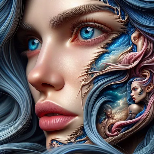 Prompt:  Detailed realistic facial portrait of a woman, long flowing blue hair, intricate depiction of blue eyes, sensual gaze, visible mouth and nose, skin breaking to reveal dreams about love, fears, future, past, very detailed, ultra-realistic, emotional, intense, intricate hair details, detailed eyes and facial features, vivid emotions, high quality, deep storytelling, surreal, detailed skin texture