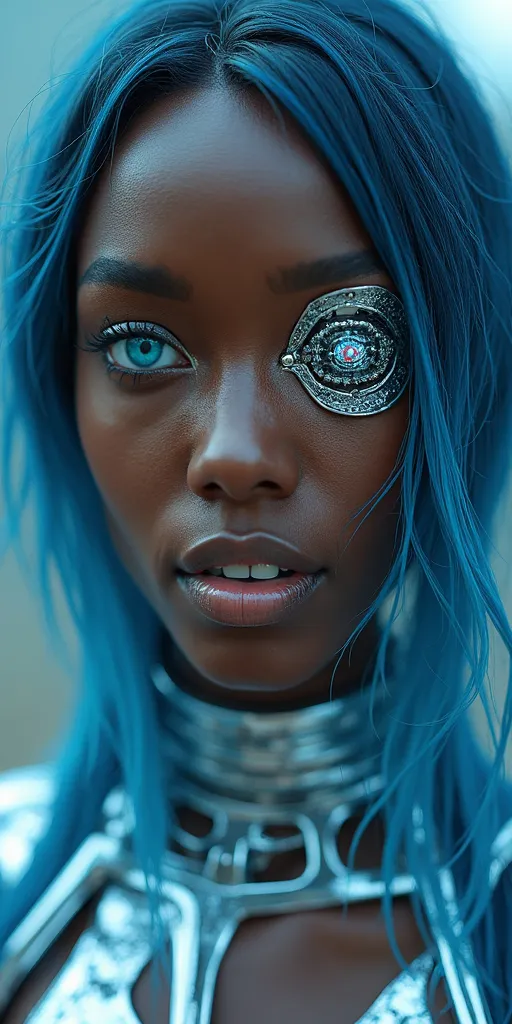 Prompt: Photo of a very dark-skinned attractive woman, realistic look, slightly kissing mouth, detailed realistic white teeth, disheveled long blue hair, direct eye contact, open blue detailed eyes, high level of detail, every pore is visible, realistic, 
woman is futuristically transformed into a silver-plated structure covered in wires. the right eye futuristic. silver fluid forming woman,

background with pastel highlights , individual bright lights, professionally detailed eyes, realistic lighting, high resolution