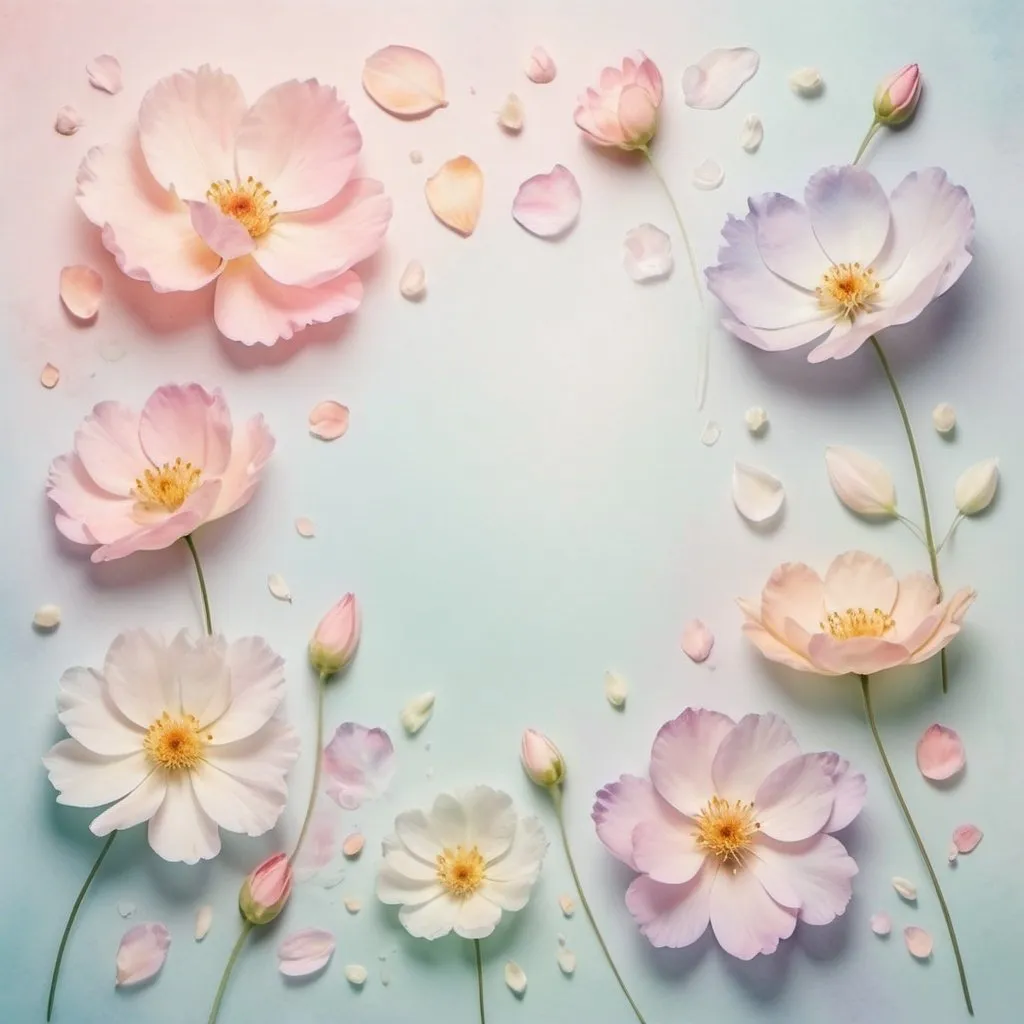 Prompt: Floating flowers and petals on pastel background, in the center of the area only the background is visible, soft watercolor painting, delicate and airy petals, high quality, soft pastel colors, dreamy, ethereal, romantic, watercolor style, gentle lighting