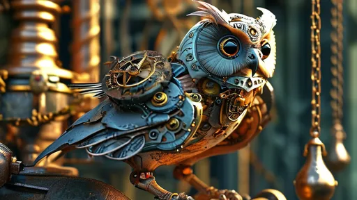 Prompt: (steampunk owl), intricately designed, mechanical elements, detailed gears, vintage goggles, mechanical wing, perched gracefully on an ornate vintage clock, atmospheric lighting casting golden hues, rich textures, a hint of whimsy and nostalgia, capturing the essence of steampunk artistry, ultra-detailed, high-quality, 4K resolution.