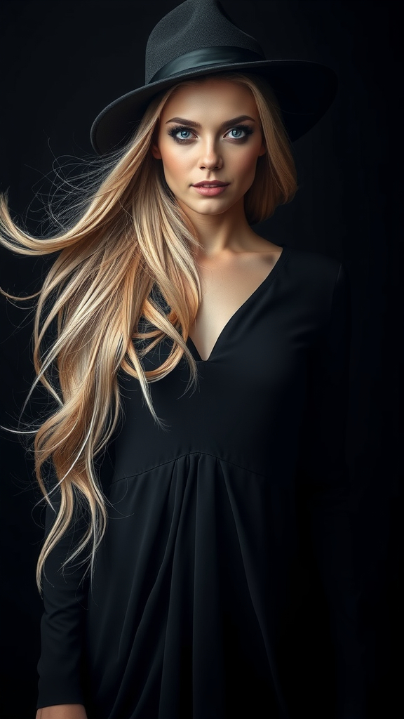 Prompt: (Ultra-detailed) woman in an absolute black dress, (long, flowing blonde hair) cascades elegantly, (bright blue eyes) stand out in contrast, (absolute black hat) completes her look, surrounded by an (absolute black background) creating an intense, captivating atmosphere. Black clothing and background are indistinguishable from each other. Full body, exciting pose. Lighting highlights her facial features, enhancing the contrast between the black of the background and the vivid blue of her eyes, evoking a sense of elegance and intrigue in this (high quality image).