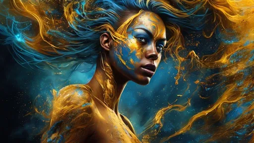 Prompt: Full body portrait of a running woman with blue and gold skin on the face and body, blowing extraordinary hair, exploding colorful head, open detailed eyes, the woman forms from swirling dust, airbrush painting, high resolution, detailed, neon colors, airbrush details, abstract, professional, vibrant lighting