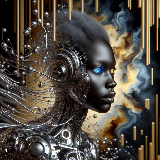 Prompt: a black jumping woman is futuristically transformed into a chrome-plated structure covered in wires. The left blue eye is shown in photo-realistic detail. the right eye futuristic. It is surrounded by silver and gold detailed small shapes against an abstract background that depicts dark yellow tones as dripping paint