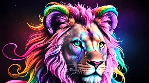 Prompt: "Quaternity rainbow iridescent psychedelic art 8k resolution holographic astral cosmic illustration mixed media by Pablo Amaringo bold strokes melting acrylic splash art trending on deviant art"
a magenta lion head is in it