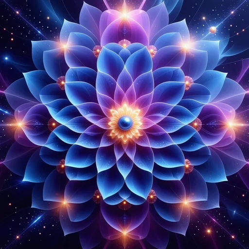 Prompt: (3D Flower of Life), symmetrical design, complex geometric patterns, vibrant colors, radiant depth, modern aesthetics, enchanting texture, cosmic atmosphere, high contrast lighting, striking details, (ultra-detailed), visually captivating background, harmony and balance, artistic expression, stunning visual symmetry.