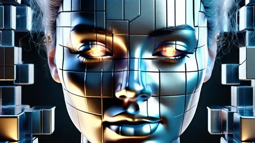 Prompt: Silver glowing 3D woman face evolving from messy grey cubes, futuristic 3D rendering, metallic reflections, detailed facial features, high tech hologram projection, cubic background, ultra detailed, sci-fi, futuristic, metallic reflections, glowing, professional, mood lighting, 3D rendering, messy cubes