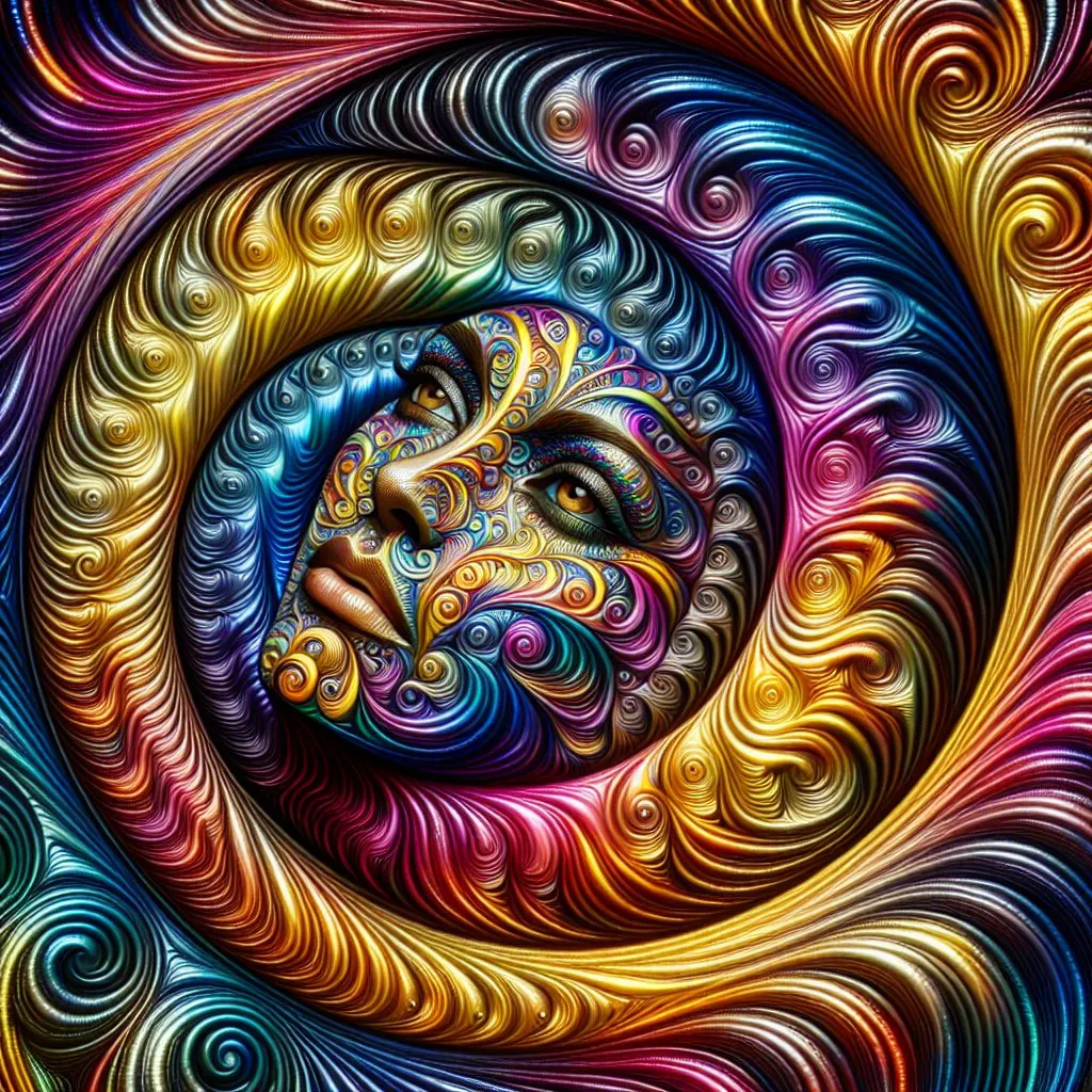 Prompt: a psychedelic spiral in glittering metallic colors depicting a woman's face
