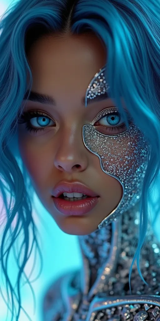 Prompt: Photo of a very dark-skinned attractive woman, realistic look, slightly kissing mouth, detailed realistic white teeth, disheveled long blue hair, direct eye contact, open blue detailed eyes, high level of detail, every pore is visible, realistic, 
woman is futuristically transformed into a silver-plated structure covered in wires. the right eye futuristic. silver fluid forming woman,

background with pastel highlights , individual bright lights, professionally detailed eyes, realistic lighting, high resolution