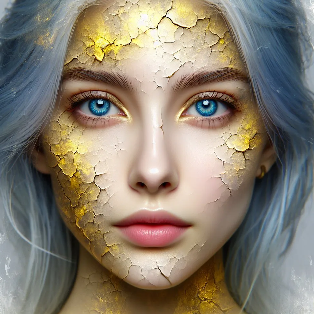 Prompt: 25 years young glamour white porcelain girl with blue hair and blue eyes comming out of cracked golden skin face and body