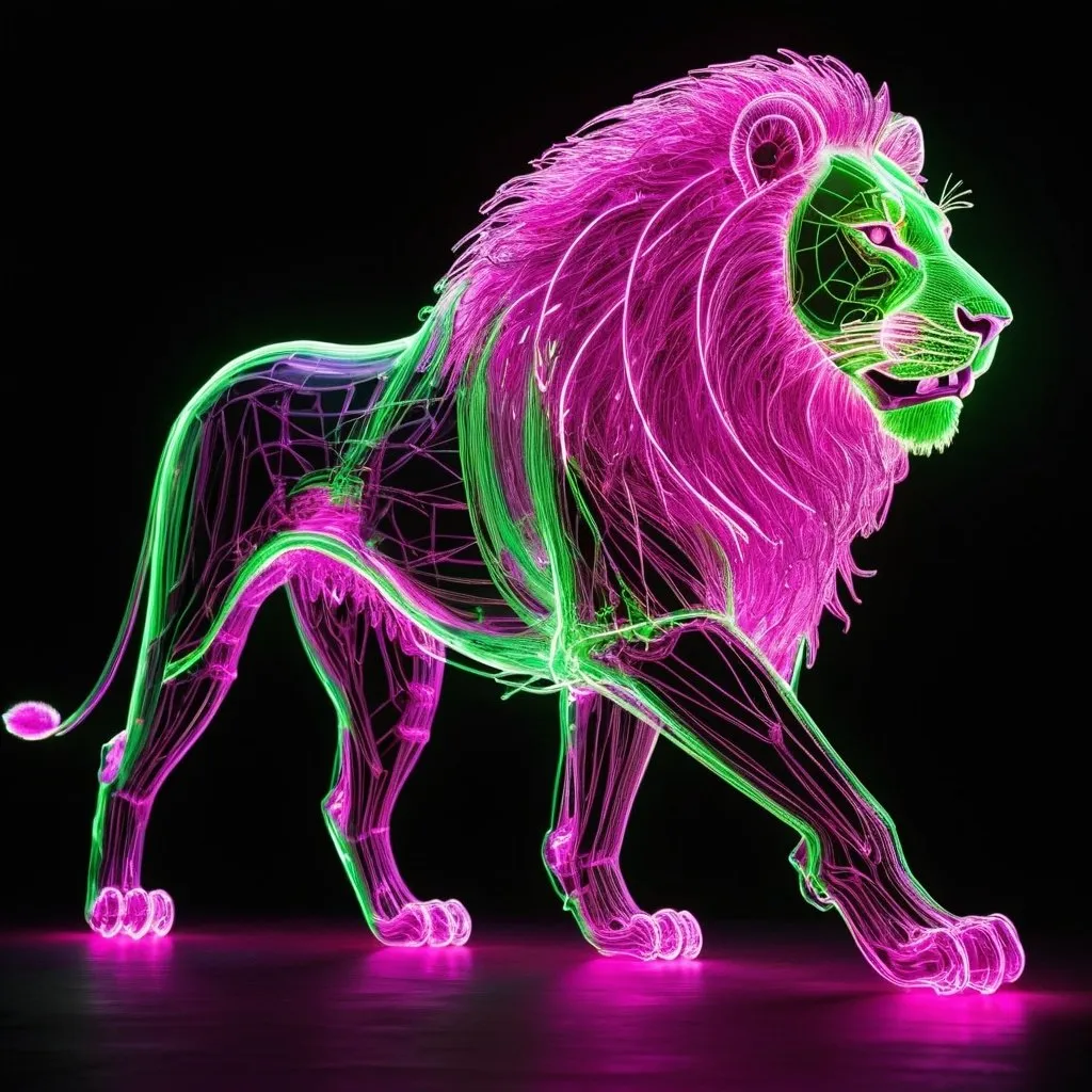 Prompt: a fantastical light drawing of a leaping roaring lion, where creativity and technology are fused in a dazzling, exciting spectacle. The lion's form is outlined in neon magenta light, its interior has a green glowing structure that constantly shifts and rearranges. Its body is translucent, revealing the inner workings of its heart. The eyes are bright magenta lasers that scan the environment with intelligent, almost playful curiosity. The legs are made of flexible, segmented light rods that allow for agile and fluid movements. Holographic panels and digital symbols in green float around the lion, giving the impression of a high-tech, virtual environment. This light drawing captures the essence of a futuristic, imaginative lion, blending fantasy and technology in a stunning visual spectacle.