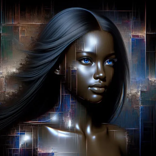 Prompt: black woman face, blue eyes, black long hair, broken body, broken face, broken background, highly detailed, realistic, futuristic, analytical art, full body picture, detailed blue eyes, detailed blue hair, artistic photo, high quality, realistic style, futuristic broken background