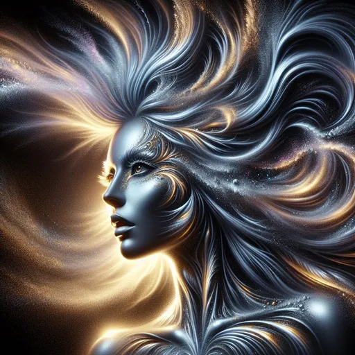 Prompt: Full body portrait of a woman with silver and gold skin on the face and body, blowing extraordinary hair, exploding colorful head, open detailed eyes, the woman forms from swirling dust, airbrush painting, high resolution, detailed, neon colors, airbrush details, abstract, professional, vibrant lighting