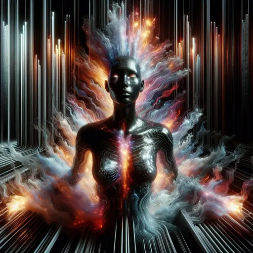 Prompt: 3D body of a dark-skinned woman made of glass emerging from a black and white striped matrix, surrounded by a glowing mist, bright colors, high quality rendering, surreal, digital art, intense lighting, fiery hues, detailed features, futuristic, abstract, surreal, 3D rendering, variable hues, high energy, dynamic composition