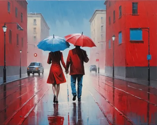 Prompt: man and woman walking in the rain with umbrellas in the rain, with a red background and a blue sky, Art Brenner, figurative art, impressionist painting, modern art, acrylic wiping and spraying technique