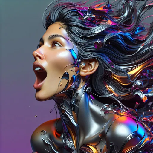 Prompt: Vibrant 3D rendering of a jumping woman, metallic mirror colors, metallic mirror face, HDR, 8k resolution, looking forward, mouth slightly open, vibrant abstract, woman looking up, portrait, high quality, 3D rendering, metallic tones, vibrant colors, detailed facial features, professional lighting