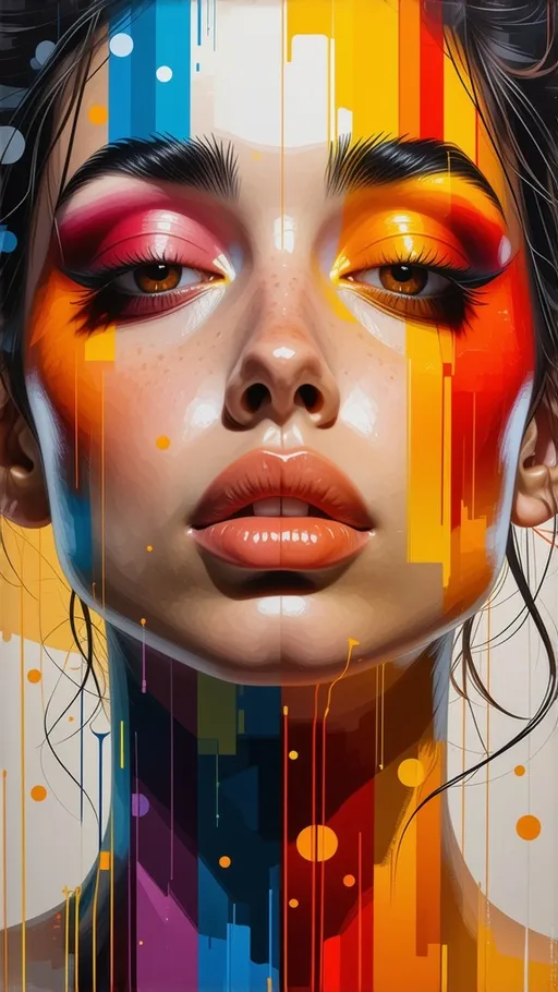 Prompt: (dynamic woman's face), (symmetrically arranged dots), vibrant colors, striking contrasts, energetic movement, visually engaging composition, clean lines, modern artistic style, high depth cinematic masterpiece, captivating visual rhythm, intriguing abstract depiction, eye-catching detail, 4K ultra-detailed, expressive features, playful interpretation of beauty.