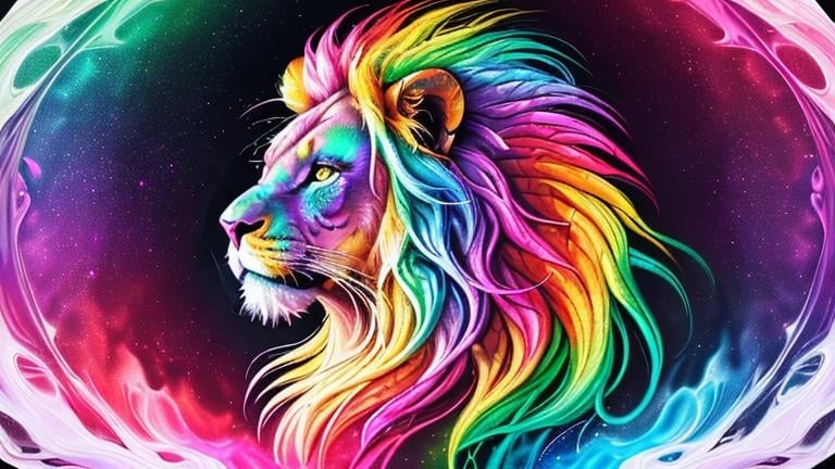 Prompt: "Quaternity rainbow iridescent psychedelic art 8k resolution holographic astral cosmic illustration mixed media by Pablo Amaringo bold strokes melting acrylic splash art trending on deviant art"
a magenta lion head is in it, background is white