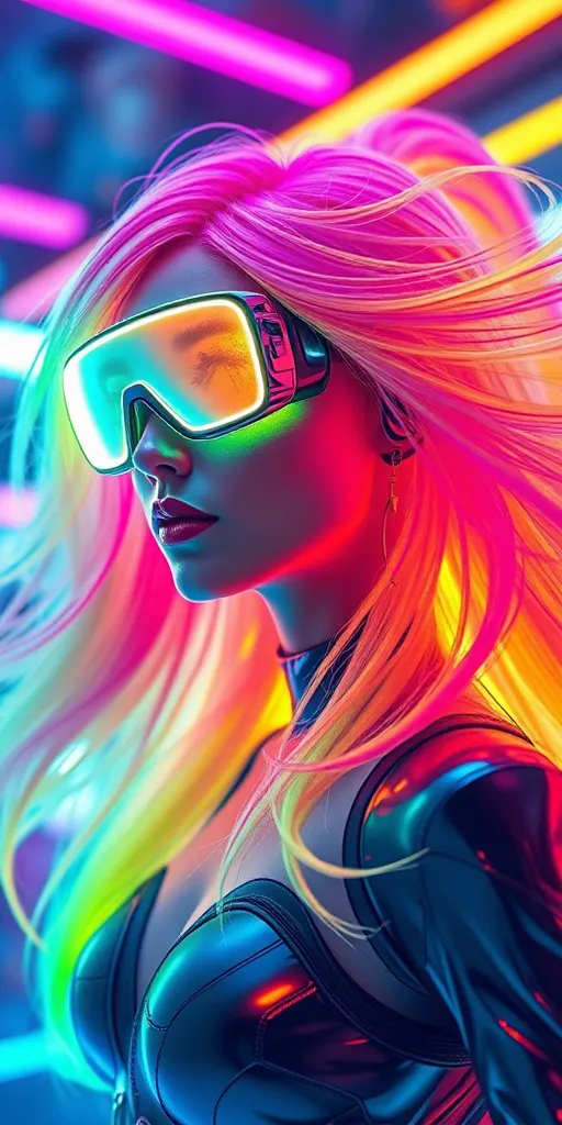 Prompt: (3D render futuristic woman), luminous multi-neon colored hair flowing in shades of green, orange, and violet, (holographic goggles shimmering with light), radiant and surreal atmosphere, futuristic clothing, sleek and modern design, vibrant lighting, high-tech surroundings, ultra-detailed, cinematic quality, imaginative and captivating, emphasizing a sense of wonder and advanced technology.