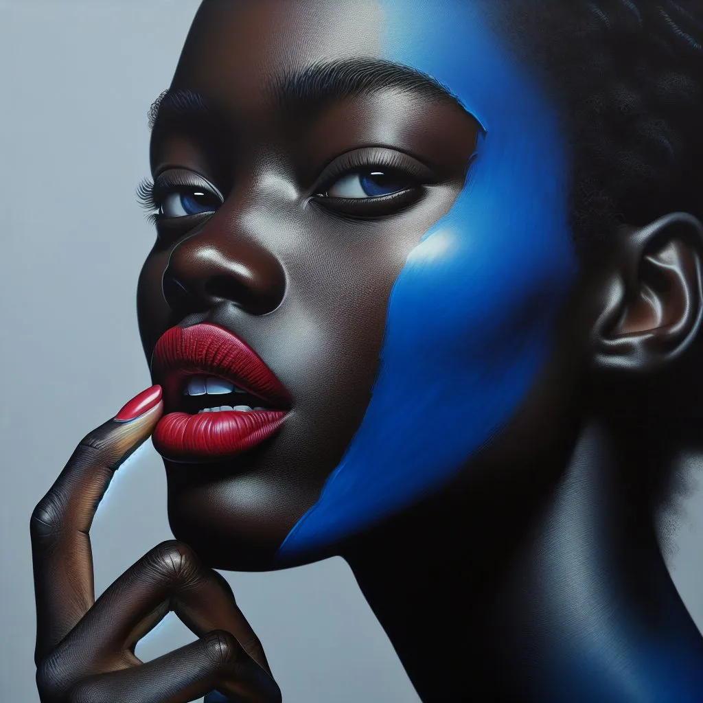 Prompt: a black woman with blue paint on her face and mouth, red lipstick, finger on the mouth, with her mouth open and her mouth painted blue, transgressive art, behance hd, a photorealistic painting