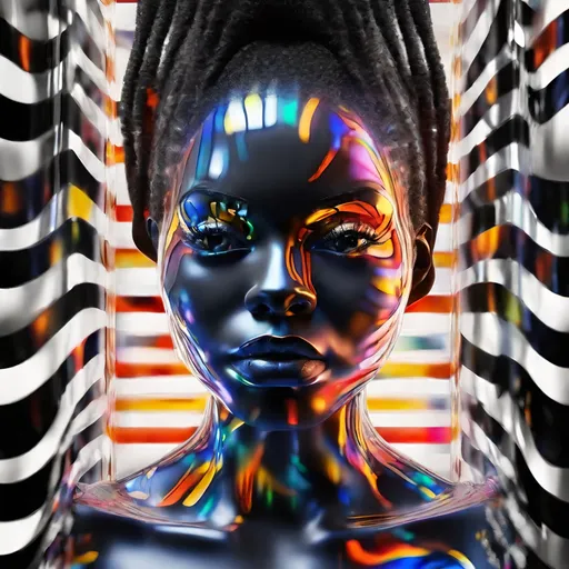 Prompt: 3D face of a black woman made of glass emerging from a black and white striped matrix, surrounded by a glowing mist, bright colors, high quality rendering, surreal, digital art, intense lighting, fiery hues, detailed features, futuristic, abstract, surreal, 3D rendering, variable hues, high energy, dynamic composition