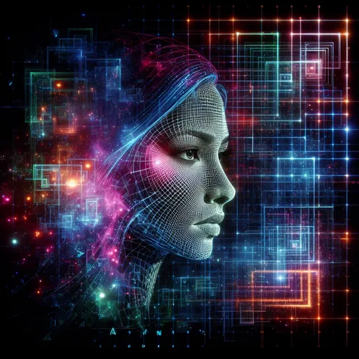 Prompt: Mathematical equation, futuristic grid with a woman face, abstract 3D rendering, futuristic, digital art, high-tech, futuristic, abstract, vibrant colors, neon lighting, digital, mathematical concept, futuristic grid, technological, digital art, high quality, ultra-detailed