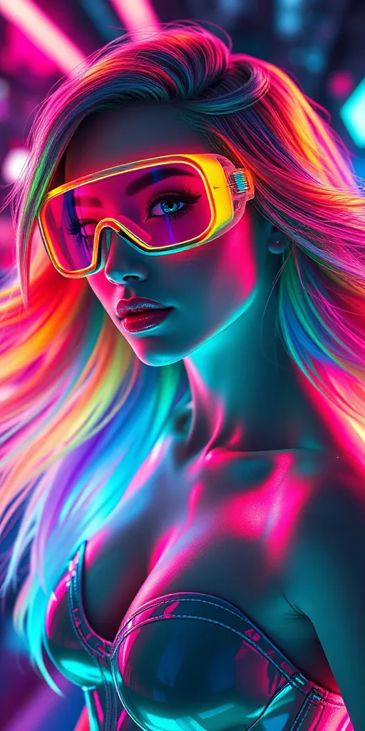 Prompt: (3D render woman), luminous multi-neon colored hair flowing in shades of green, orange, and violet, (holographic goggles shimmering with light), radiant and surreal atmosphere, sleek and modern design, vibrant lighting, high-tech surroundings, ultra-detailed, cinematic Poster quality, imaginative and captivating, emphasizing a sense of wonder and advanced technology.