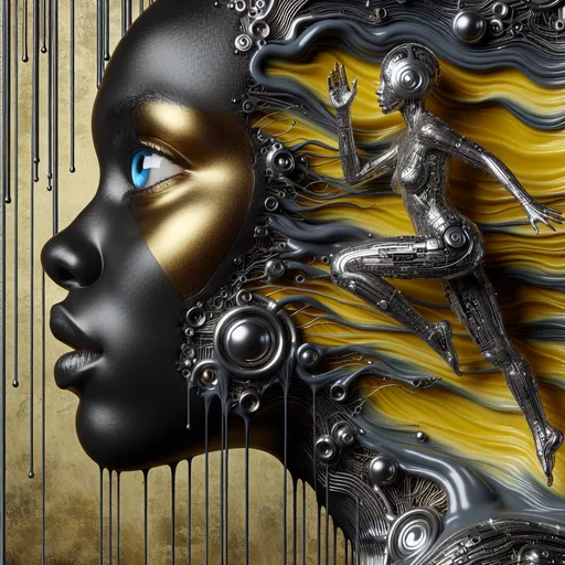 Prompt: a black jumping woman's body is futuristically transformed into a chrome-plated structure covered in wires. The left blue eye is shown in photo-realistic detail. the right eye futuristic. It is surrounded by silver and gold detailed small shapes against an abstract background that depicts dark yellow tones as dripping paint