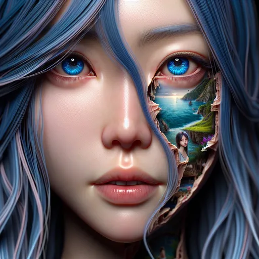 Prompt: Detailed realistic facial portrait of a woman, long flowing blue hair, intricate depiction of blue eyes, sensual gaze, visible mouth and nose, breaking skin to reveal in the holes the most beautiful memories from her last vacation, very detailed, ultra-realistic, emotional, intense, Intricate hair details, detailed eyes and facial features, vivid emotions, high quality, surreal detailed skin texture