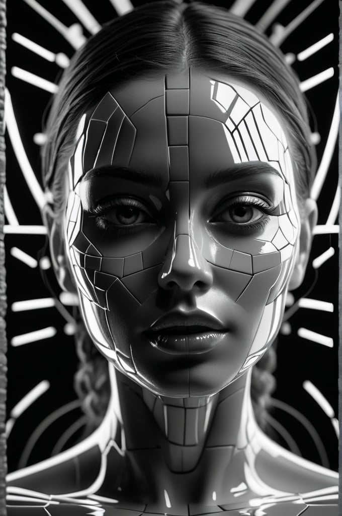 Prompt: Crystal tile 3D rendering of a beautiful female face, transparent and reflective, intricate details, high quality, realistic, 3D rendering, crystal tiles, transparent, reflective, detailed, highres, professional, futuristic lighting.4k, artistic, impressive, beautiful, high contrast, detailed lines, expressive depiction, sensual and enigmatic atmosphere, high resolution, detailed, mysterious, abstract, surreal, monochrome, mood lighting, enigmatic, intricate details, ethereal, emotional, minimalist, dark tones, deep shadows