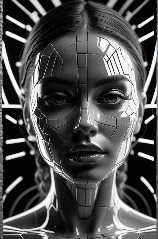 Prompt: Crystal tile 3D rendering of a beautiful female face, transparent and reflective, intricate details, high quality, realistic, 3D rendering, crystal tiles, transparent, reflective, detailed, highres, professional, futuristic lighting.4k, artistic, impressive, beautiful, high contrast, detailed lines, expressive depiction, sensual and enigmatic atmosphere, high resolution, detailed, mysterious, abstract, surreal, monochrome, mood lighting, enigmatic, intricate details, ethereal, emotional, minimalist, dark tones, deep shadows