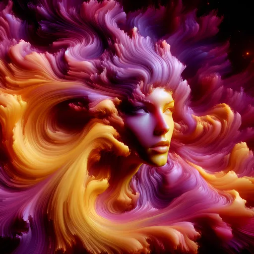 Prompt: Head of a woman, her hair is made of a yellow thick liquid, it looks as if it is always in motion, her entire body and face are made of an organic, magenta colored thick liquid, the body flows into the background, the face with the liquid can be seen, she has bright blue bright eyes and yellow lipstick, the whole background is provided with a wave-moving magenta and yellow liquid, goes into the woman's body, ethereal, abstract, unique, procedural, analytical art , highly detailed digital art, holographic astral cosmic illustration with 64K resolution, 3D, HDR